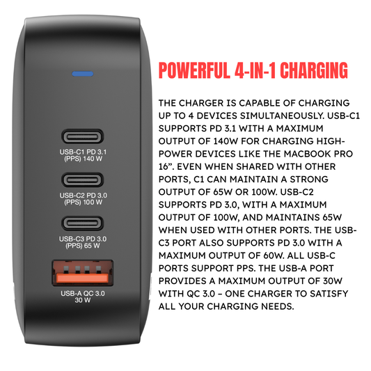 Verbatim MGaN165-4 powering a professional 16-inch laptop and three other mobile devices simultaneously