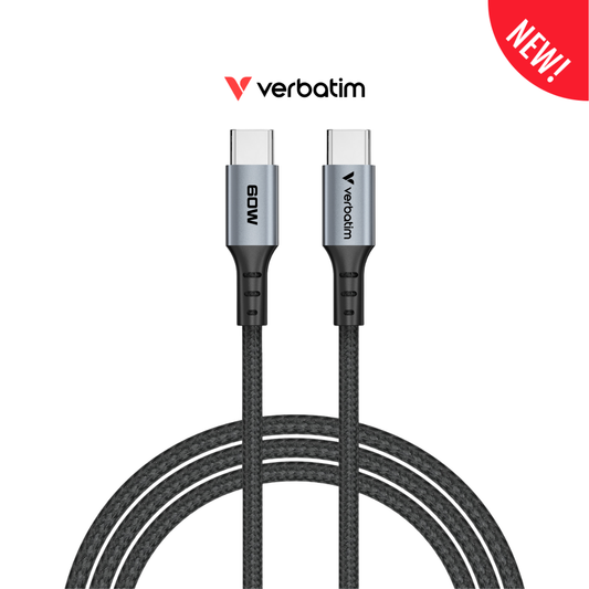 Verbatim SCC2-CC60 60W USB-C to USB-C cable showing the premium nylon braiding and aluminum connectors
