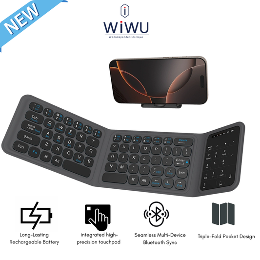 WiWU FMK-05 foldable wireless keyboard in a half-folded position showing the sleek PU leather exterior.