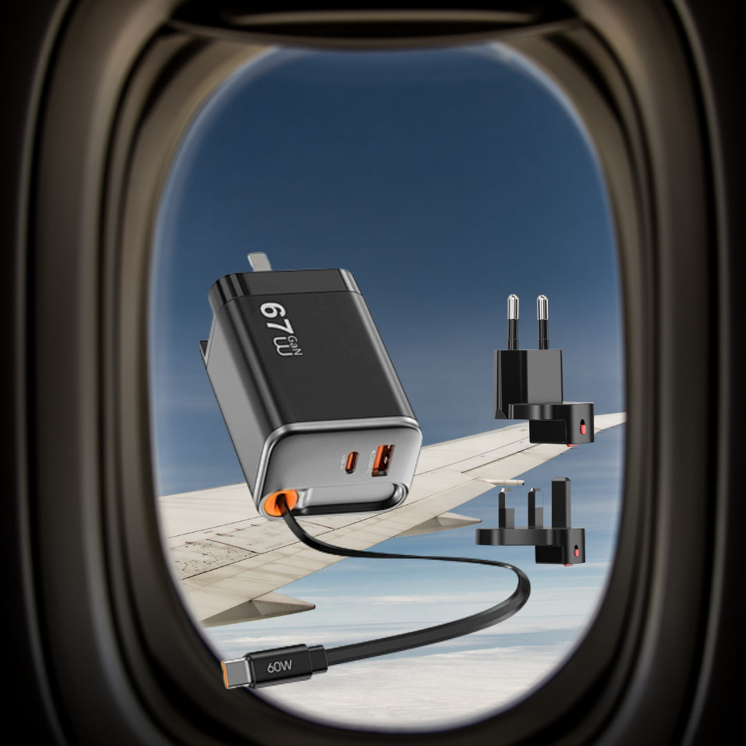 Close-up view of the WiWU Helix Pro showing the three output ports (USB-C, USB-C, USB-A) and the retracted cable slot.