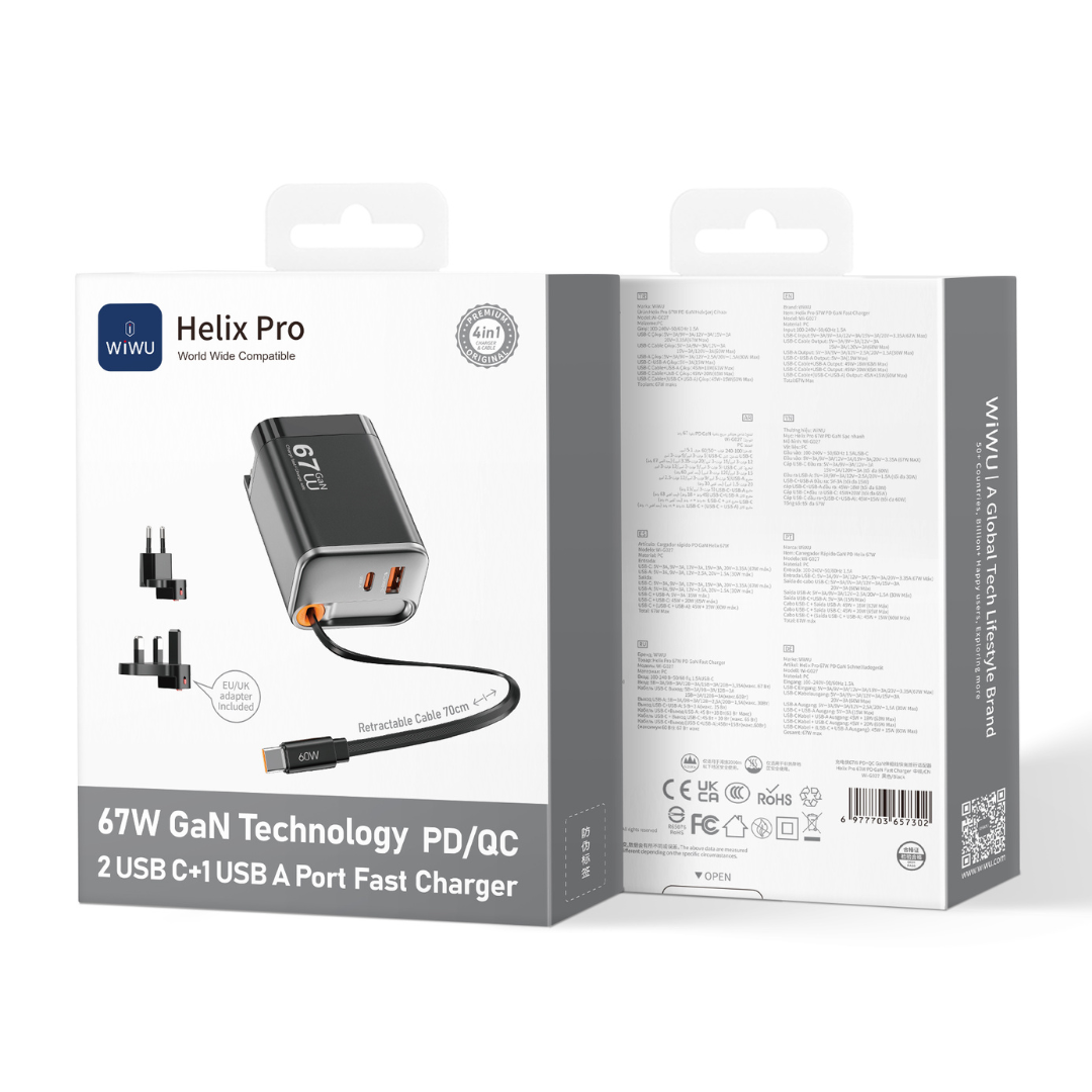 WiWU Helix Pro 67W GaN charger in black with its 70cm retractable Type-C cable fully extended, showcasing the foldable plug and included EU/UK adapters.