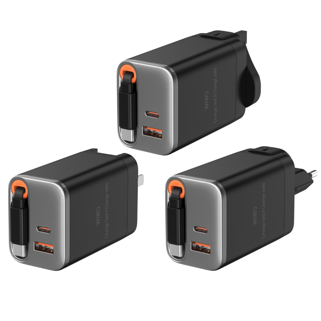 WiWU Helix Pro 67W GaN charger in black with its 70cm retractable Type-C cable fully extended, showcasing the foldable plug and included EU/UK adapters.