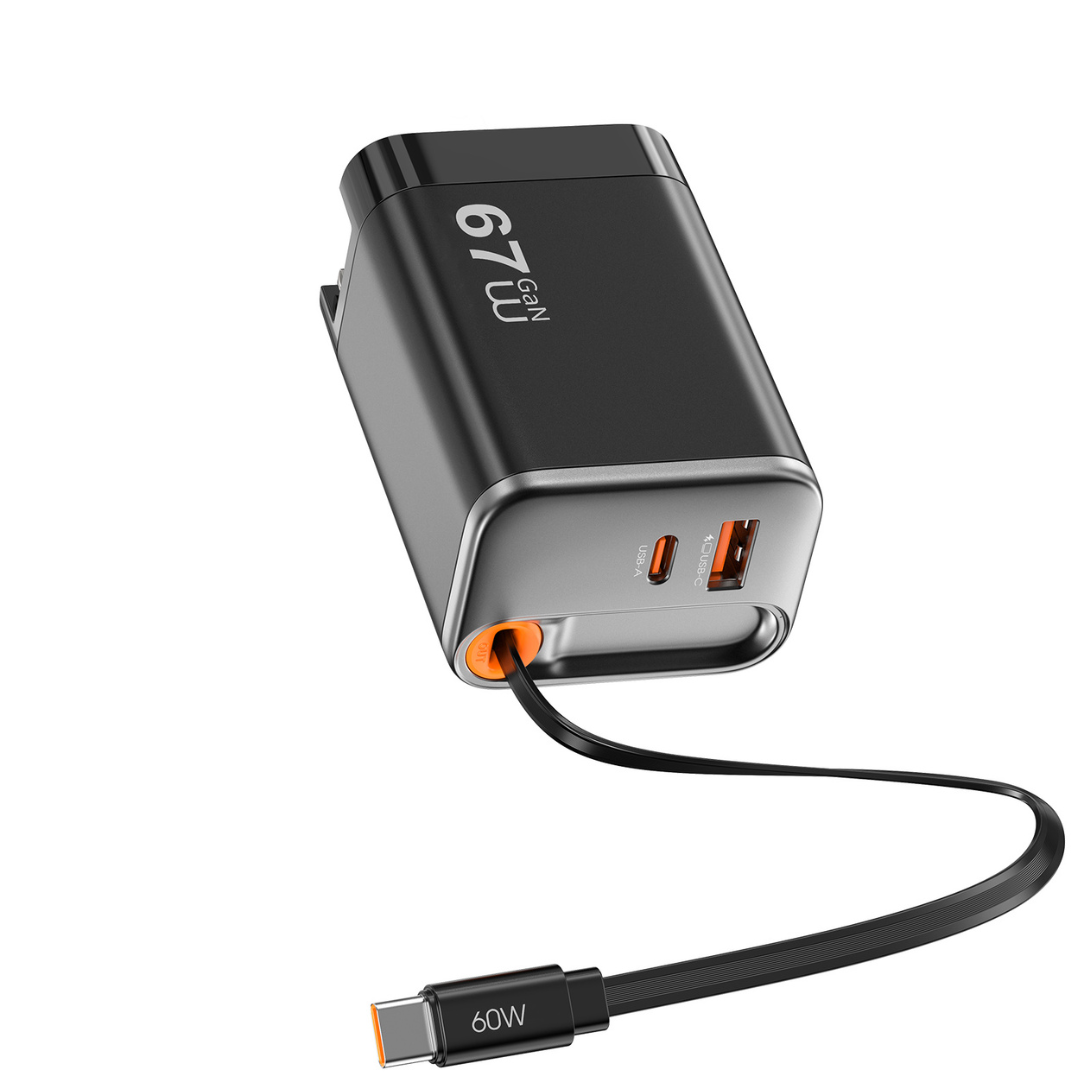 WiWU Helix Pro 67W GaN charger in black with its 70cm retractable Type-C cable fully extended, showcasing the foldable plug and included EU/UK adapters.