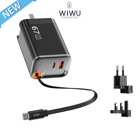 WiWU Helix Pro 67W GaN charger in black with its 70cm retractable Type-C cable fully extended, showcasing the foldable plug and included EU/UK adapters.