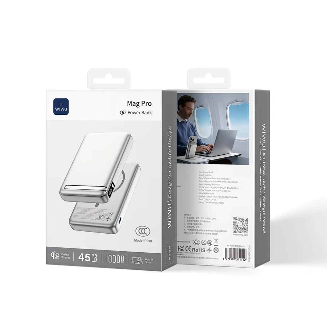 WiWU Mag Pro Qi2 power bank snapping magnetically to the back of a flagship smartphone.