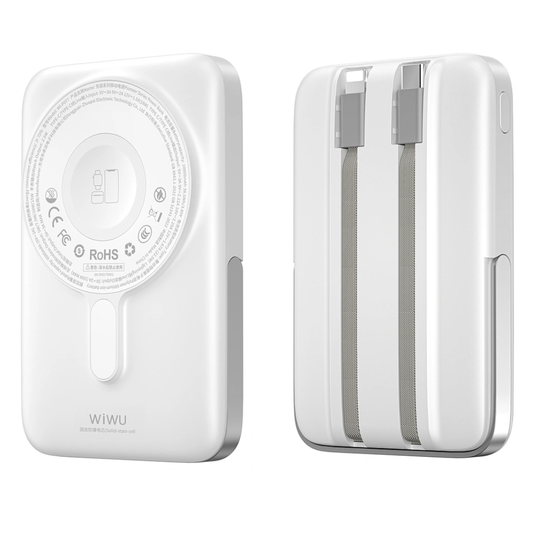WiWU Pioneer 10000mAh power bank showing the magnetic pad, the integrated watch charger, and the zinc alloy kickstand deployed for hands-free charging.
