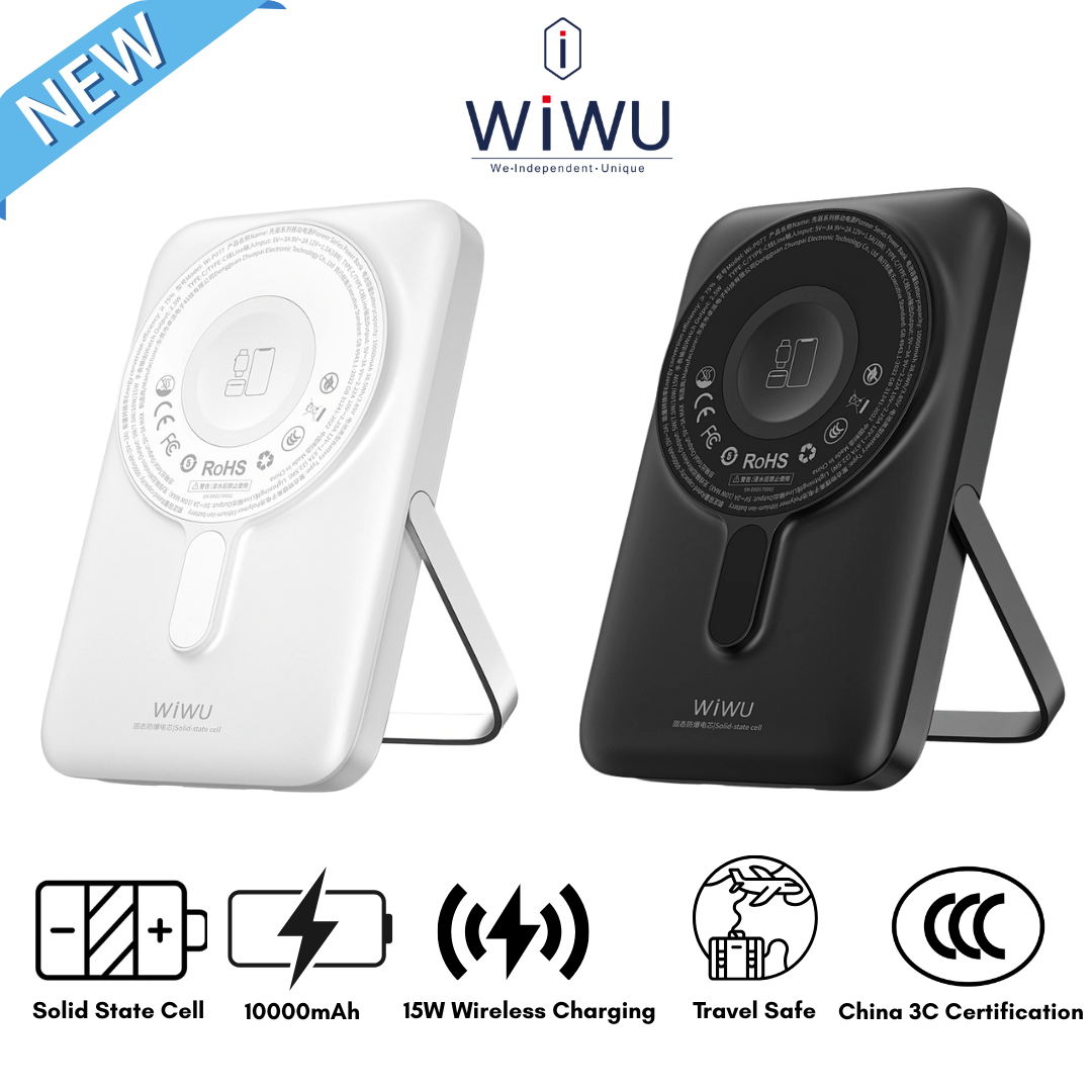 WiWU Pioneer 10000mAh power bank showing the magnetic pad, the integrated watch charger, and the zinc alloy kickstand deployed for hands-free charging.