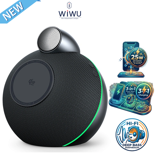 WiWU Conch Wi-G042 3-in-1 Wireless Charger & Bluetooth Speaker | 25W Qi2 Magnetic Fast Charge for iPhone & Android | Apple & Huawei Watch Compatible | Hi-Fi Audio with Deep Bass - Buy Now!