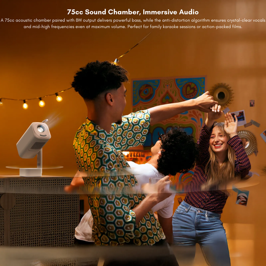 Yaber T1 Pro 1080P Projector in its unibody cylinder design, rotated 90 degrees using the integrated 180-degree gimbal stand.