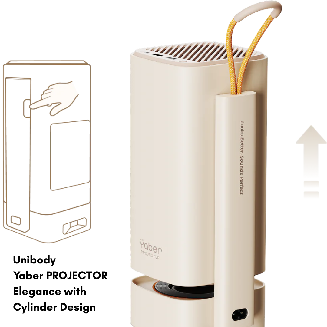 Yaber T1 Pro 1080P Projector in its unibody cylinder design, rotated 90 degrees using the integrated 180-degree gimbal stand.