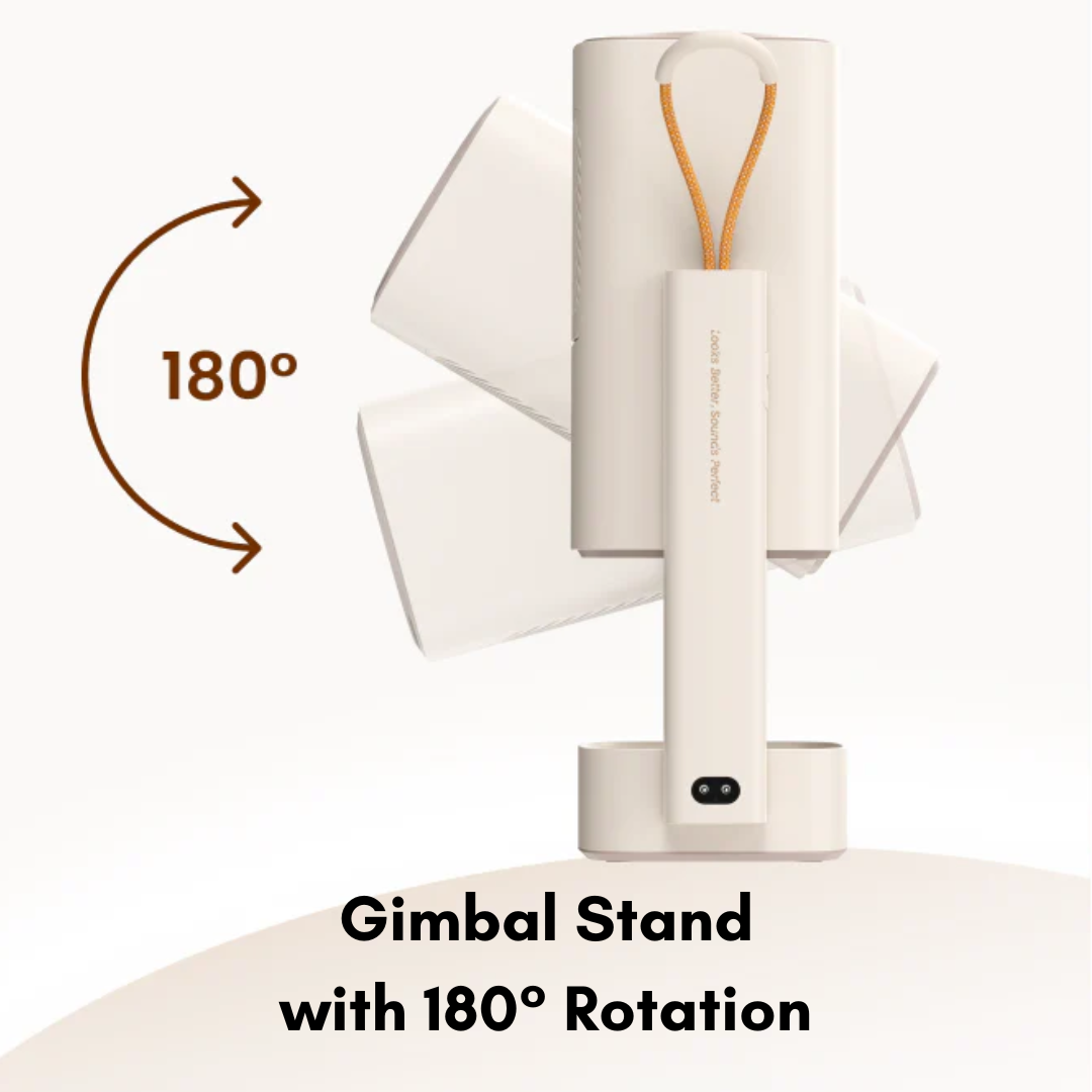 Yaber T1 Pro 1080P Projector in its unibody cylinder design, rotated 90 degrees using the integrated 180-degree gimbal stand.