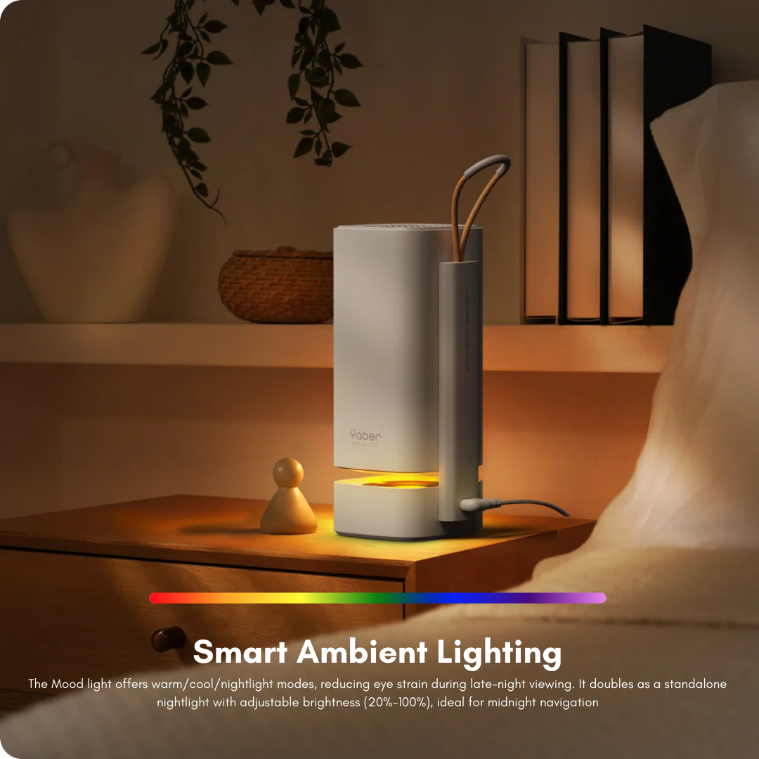 Graphic illustrating the Yaber T1 Pro performing Auto Focus, Auto Keystone, and Intelligent Screen Alignment in a complex room environment.