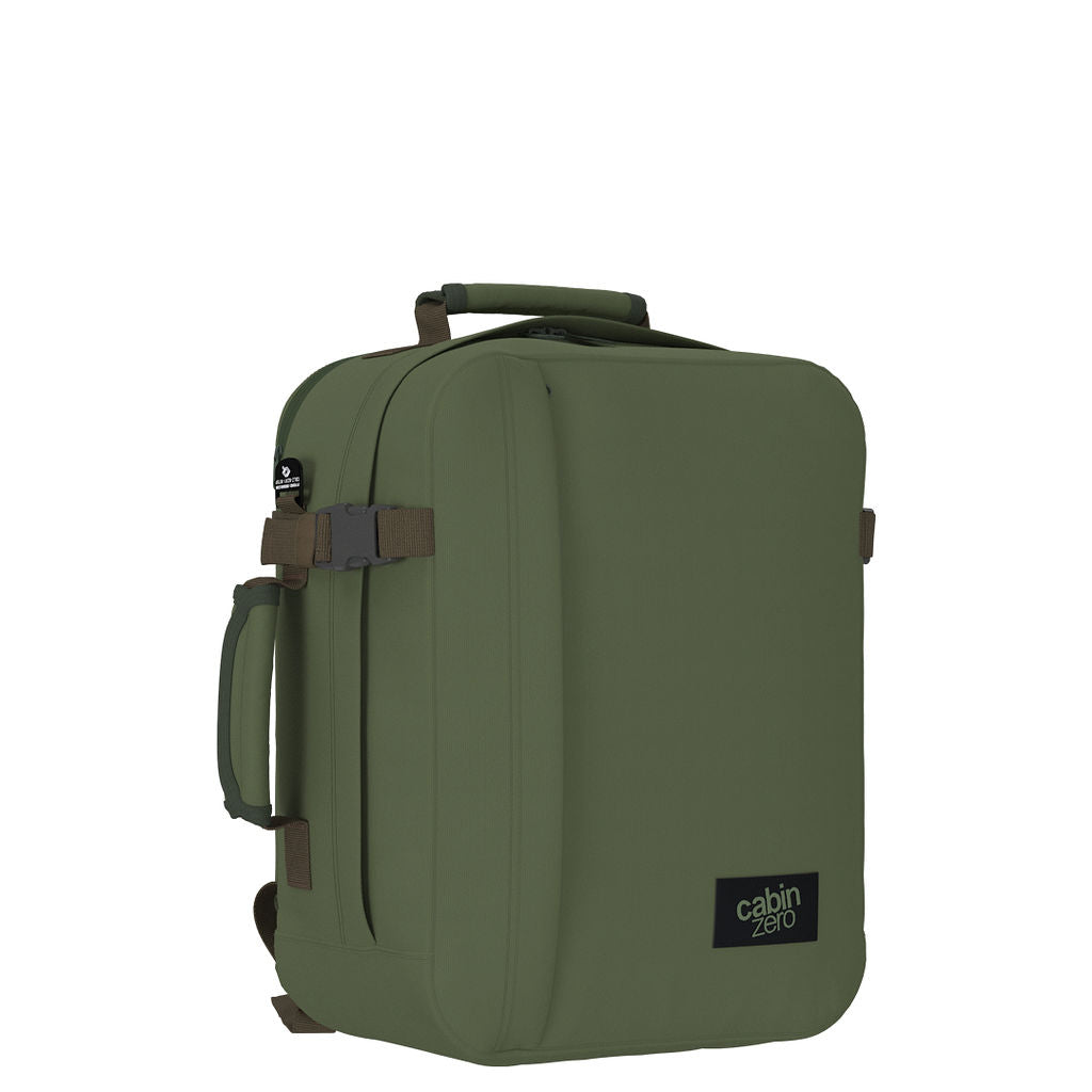 Angled view of CabinZero Classic Tech Bag 28L in Georgian Khaki highlighting the side handle, compression straps, and minimalist profile—ideal for travel, work, and daily carry.