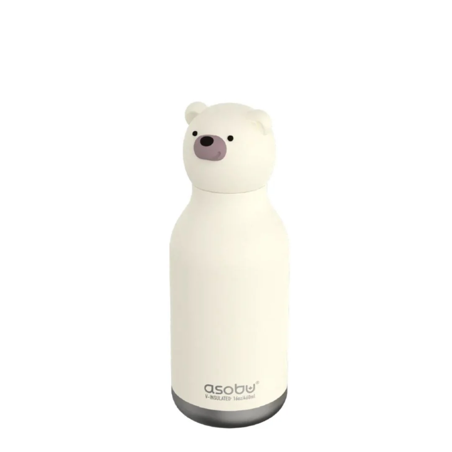 Asobu Bestie Bottle bear, white insulated stainless steel water bottle with adorable character head, great for both kids and adults.