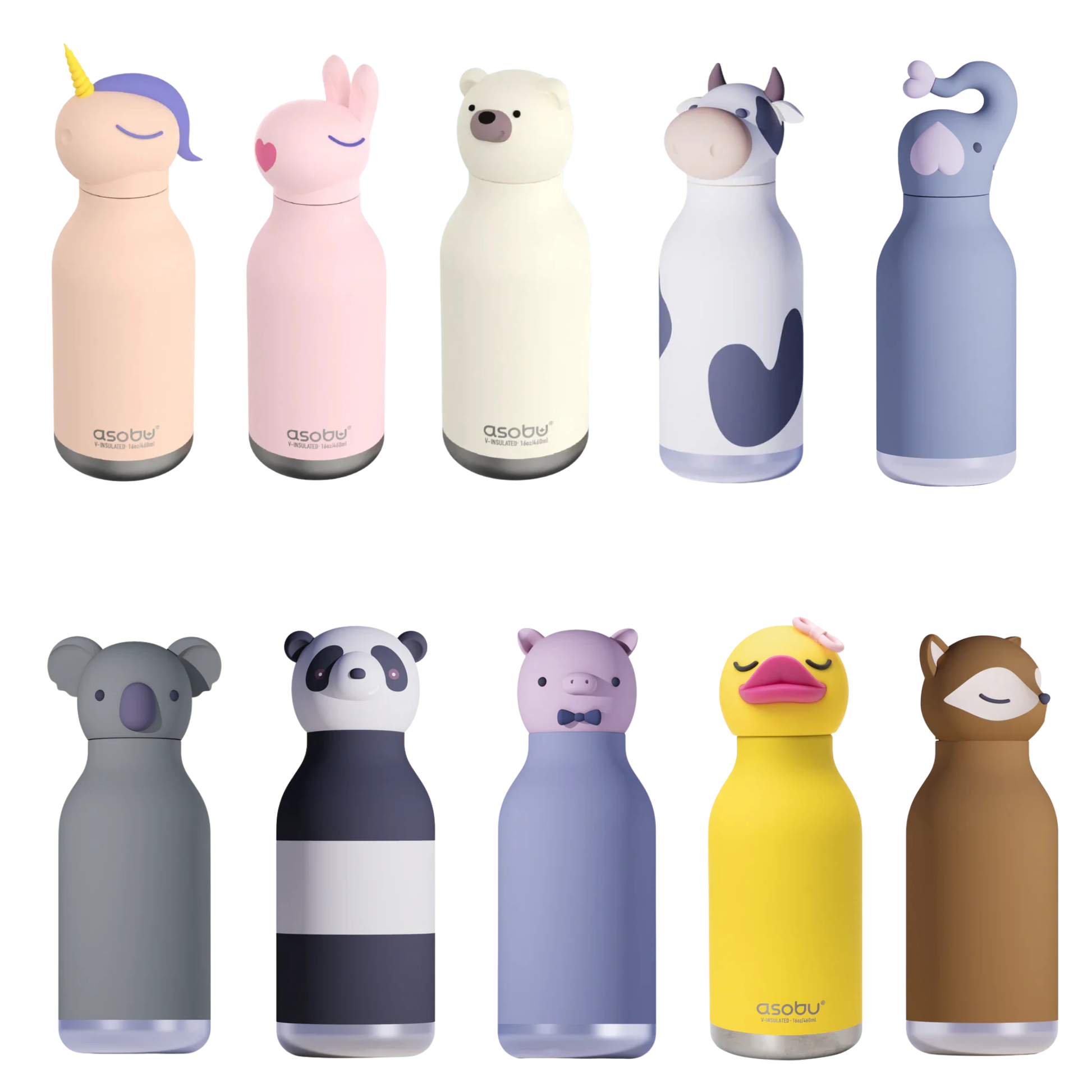 Asobu Bestie Bottle collection with cute animal silicone heads, insulated stainless steel, in assorted colors.