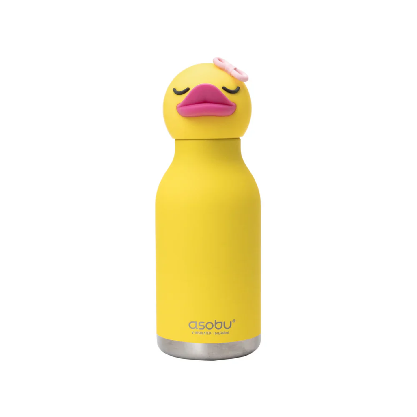 Asobu Bestie Bottle duck design, yellow insulated stainless steel water bottle with cute duck head and bow, fun for kids and adults.