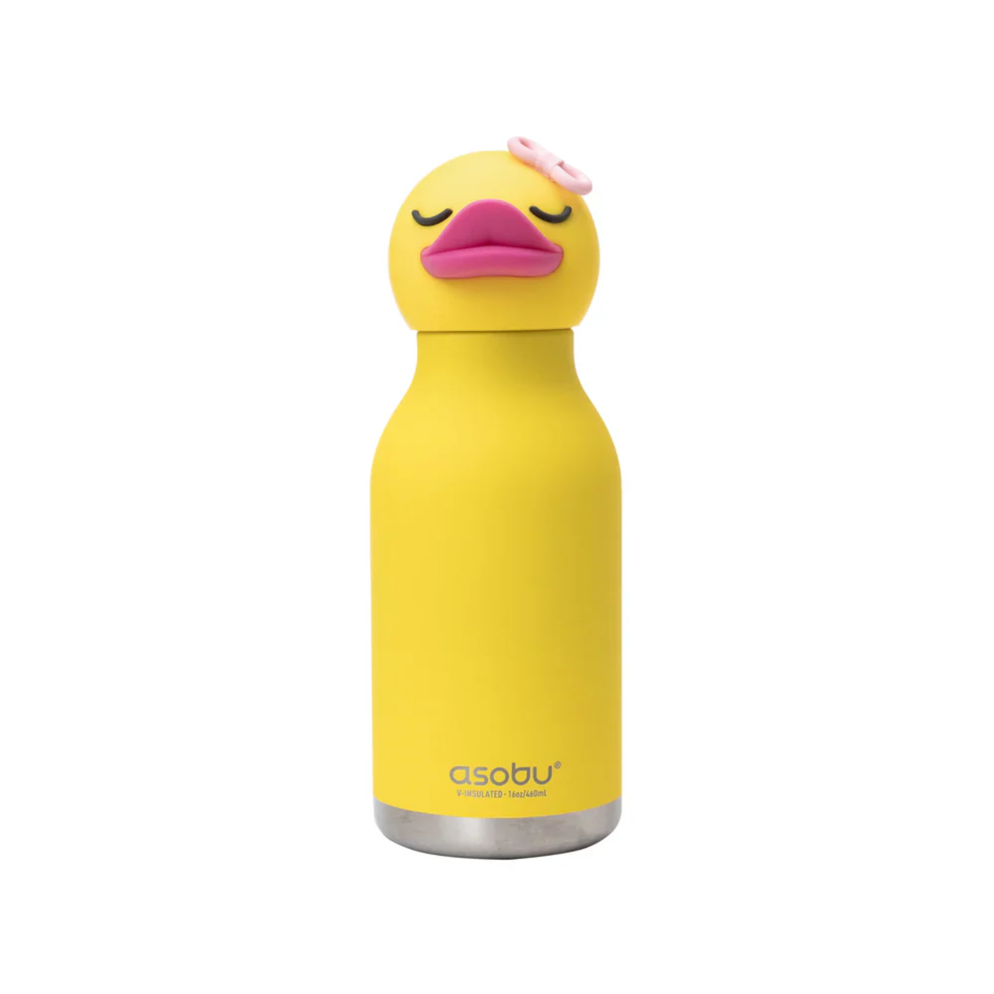 Asobu Bestie Bottle duck design, yellow insulated stainless steel water bottle with cute duck head and bow, fun for kids and adults.
