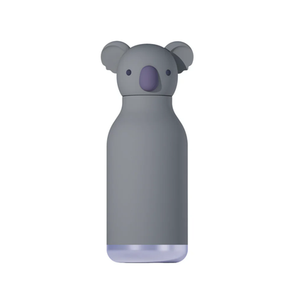 Asobu Bestie Bottle koala, grey insulated stainless steel water bottle with cute koala head, perfect for school, work, or travel.