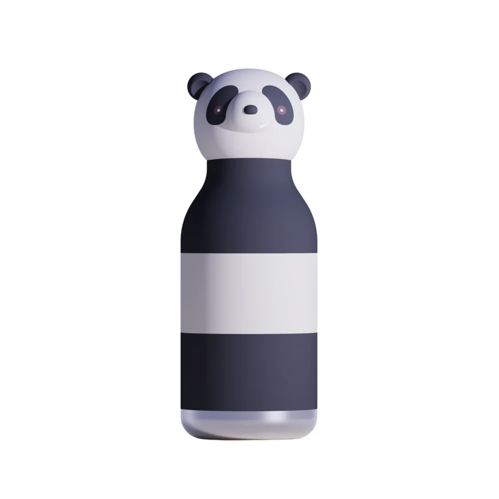 Asobu Bestie Bottle panda design, black and white insulated stainless steel water bottle with cute animal head, ideal for kids and adults.