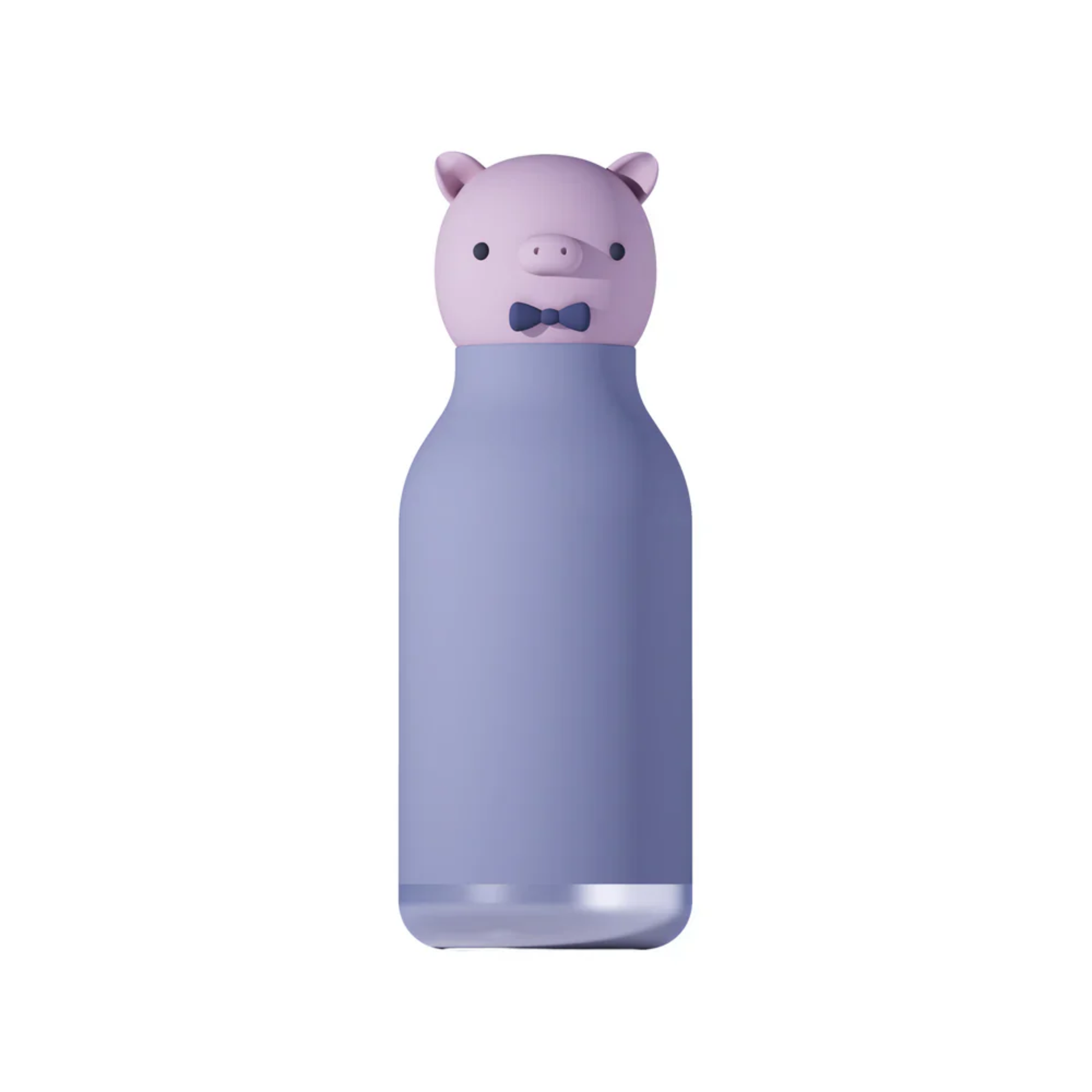 Asobu Bestie Bottle piggy design, purple insulated stainless steel water bottle with bow tie, perfect for kids and school