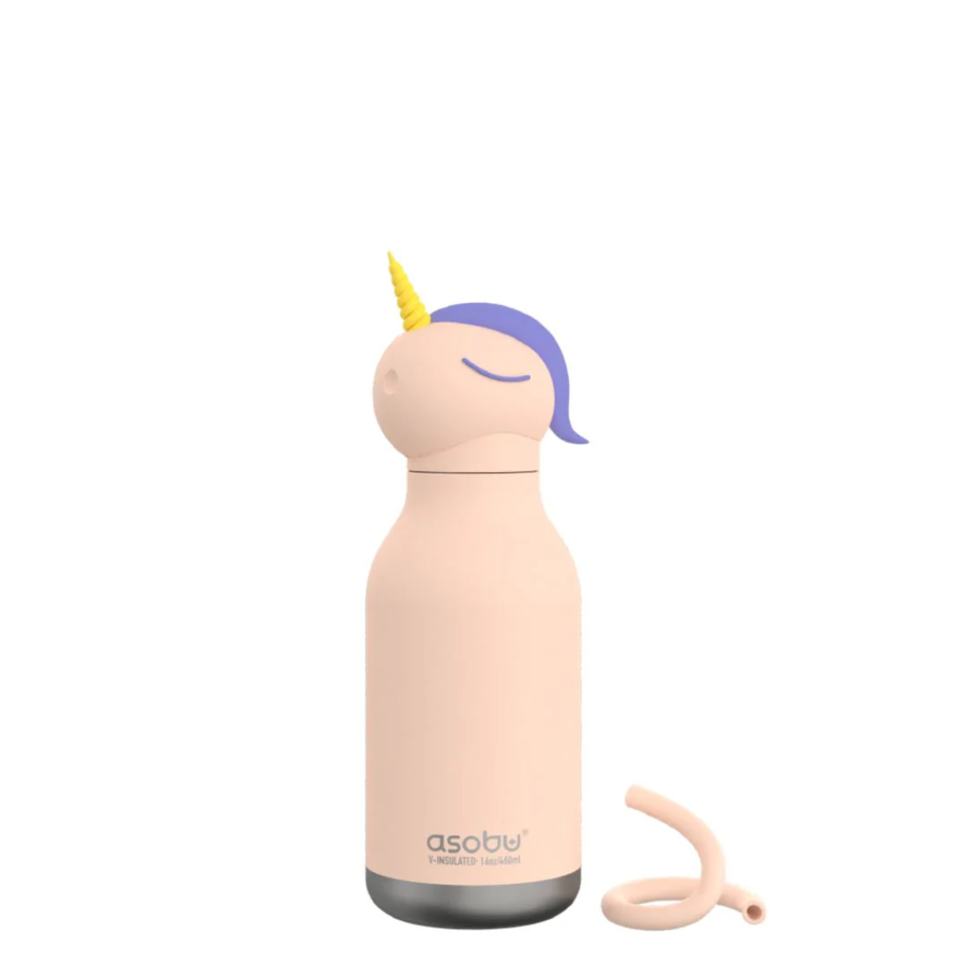 Asobu Bestie Bottle unicorn design, pink insulated stainless steel water bottle with detachable silicone straw, for kids and adults.