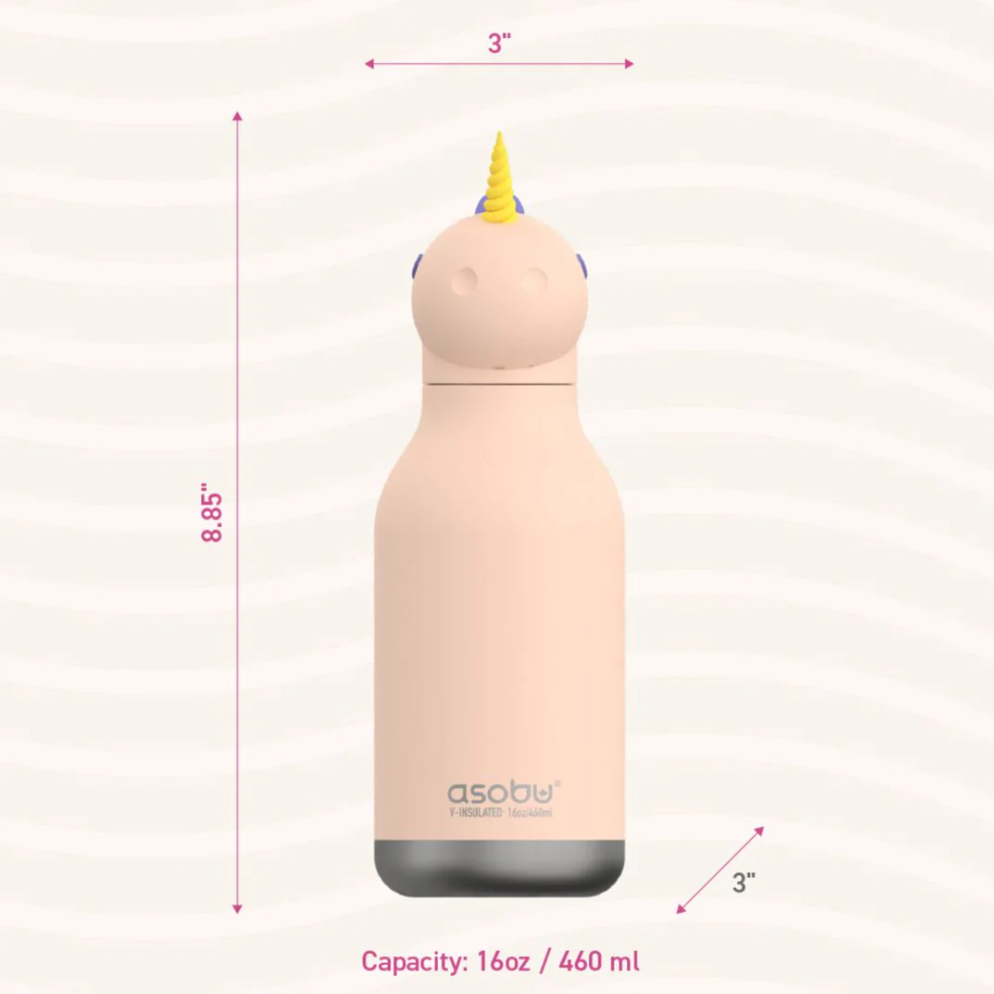 Asobu Bestie Bottle unicorn, shown with size dimensions 8.85 inches tall, 3 inches wide, and 16oz (460ml) insulated stainless steel capacity.
