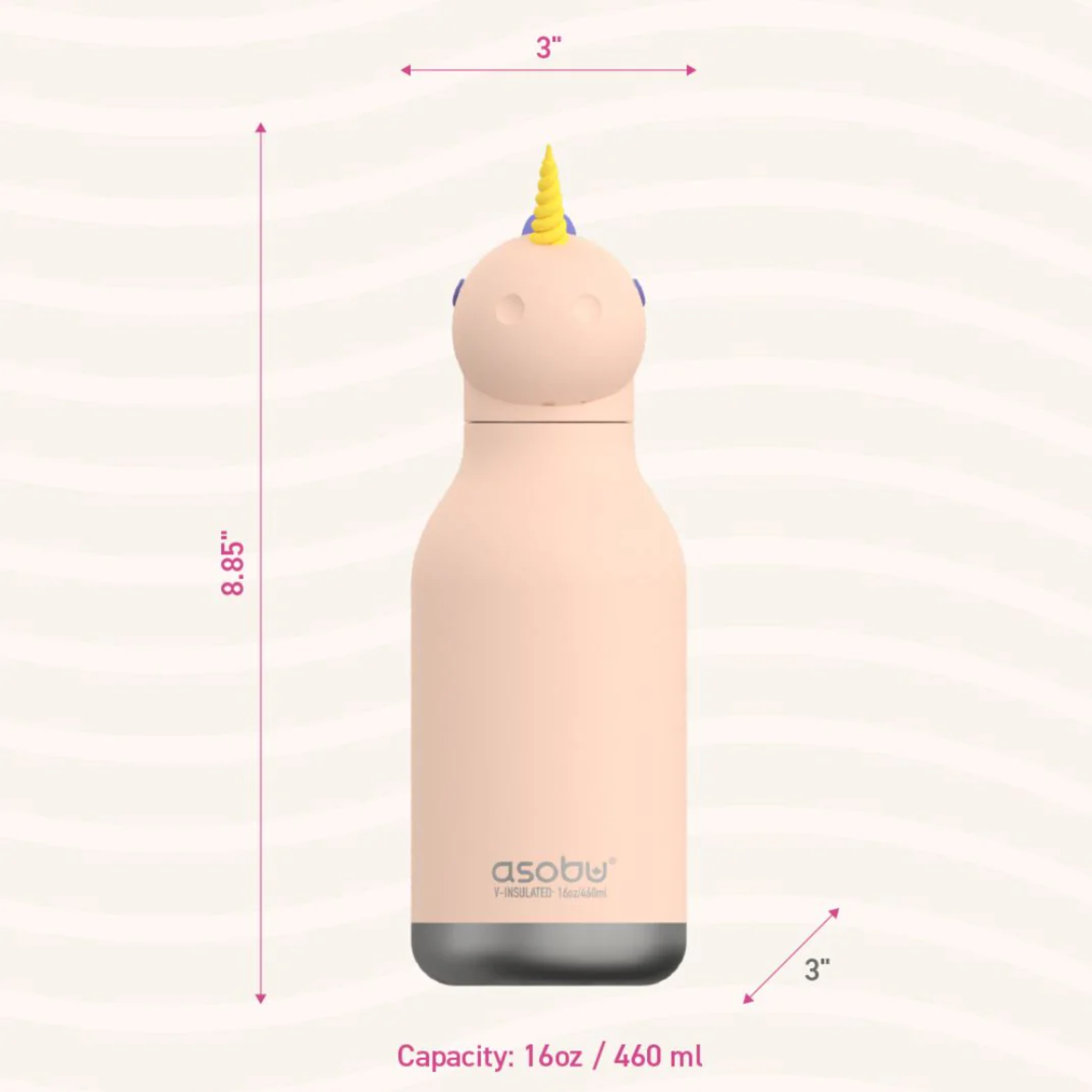 Asobu Bestie Bottle unicorn, shown with size dimensions 8.85 inches tall, 3 inches wide, and 16oz (460ml) insulated stainless steel capacity.