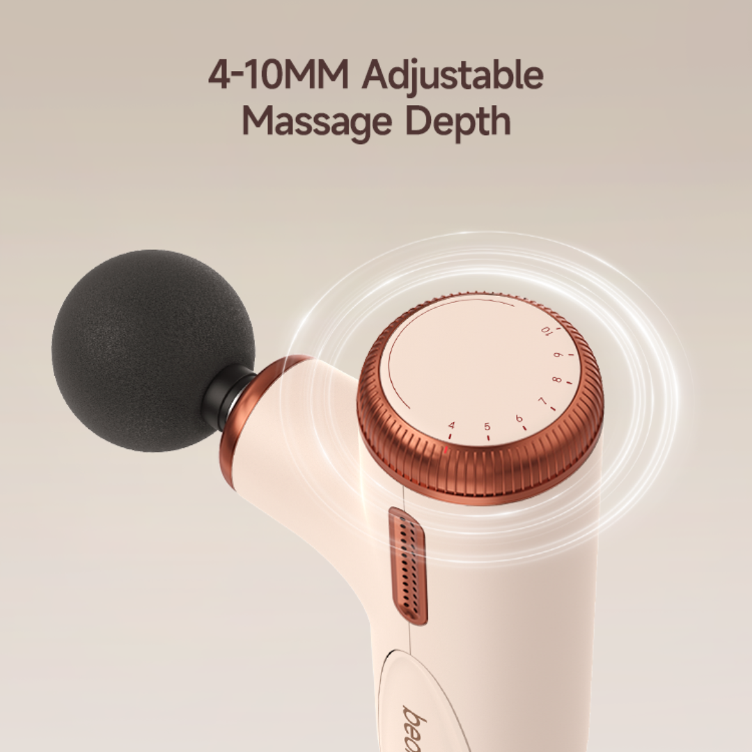 Beoka C1 Max Mini Massage Gun showing adjustable 4-10mm massage depth dial, designed for deep tissue muscle recovery and portable use.
