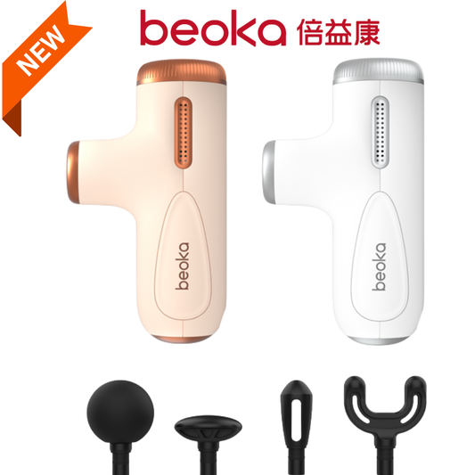 Beoka C1 Max Mini Massage Gun in beige and white colors with 4 interchangeable heads for deep tissue muscle massage, adjustable amplitude, portable, and quiet design.
