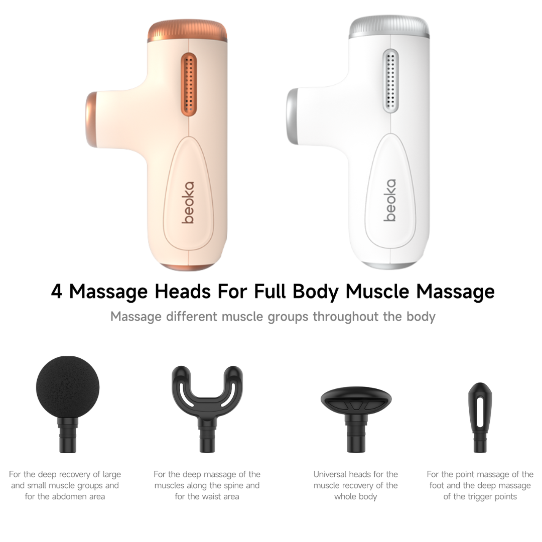 Beoka C1 Max Mini Massage Gun in beige and white with four interchangeable heads for deep tissue, spine, foot, and whole body muscle relief, adjustable and portable.