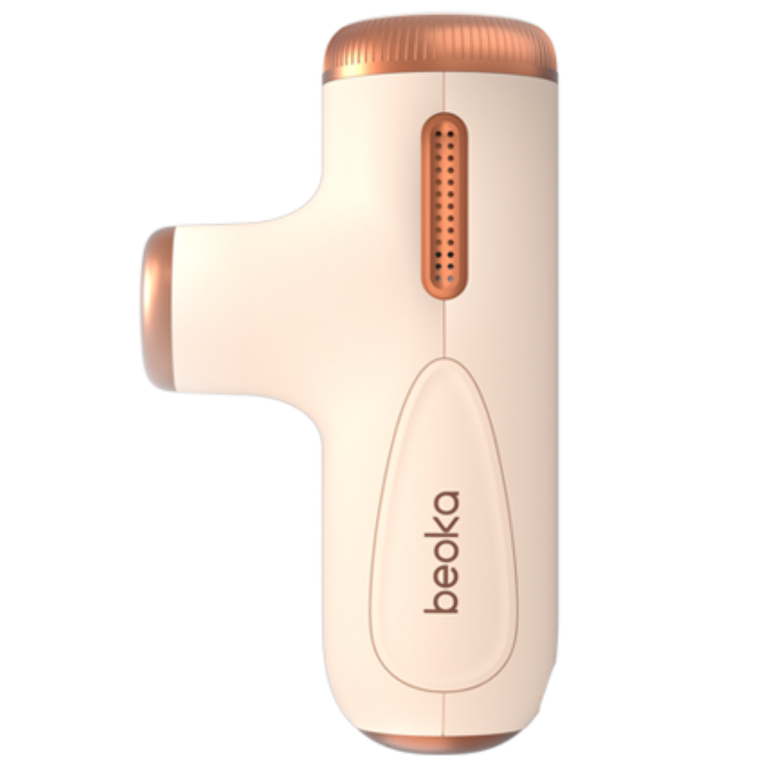 Beoka C1 Max Mini Massage Gun in beige, compact and portable deep tissue massager for muscle recovery with quiet operation and adjustable settings.
