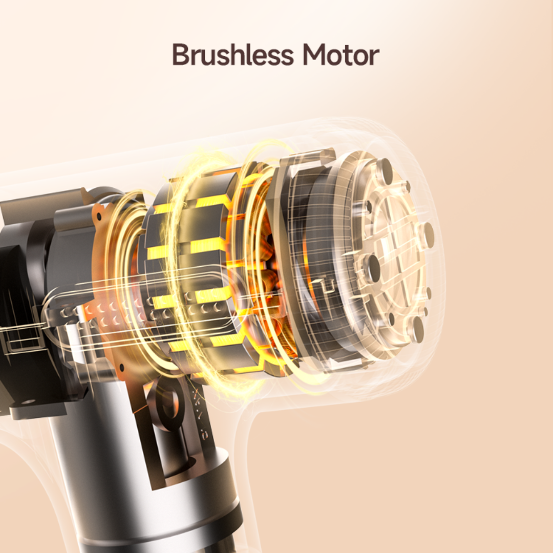 Close-up of Beoka C1 Max Mini Massage Gun brushless motor technology highlighting efficient, quiet, and powerful deep tissue muscle massage performance.
