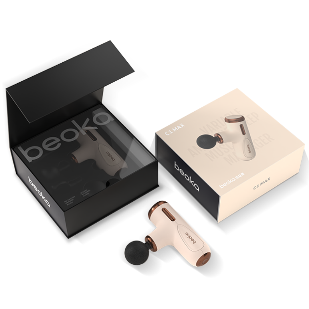 Beoka C1 Max Mini Massage Gun unboxed with product and packaging, showcasing portable, adjustable deep tissue muscle massager and included accessories.
