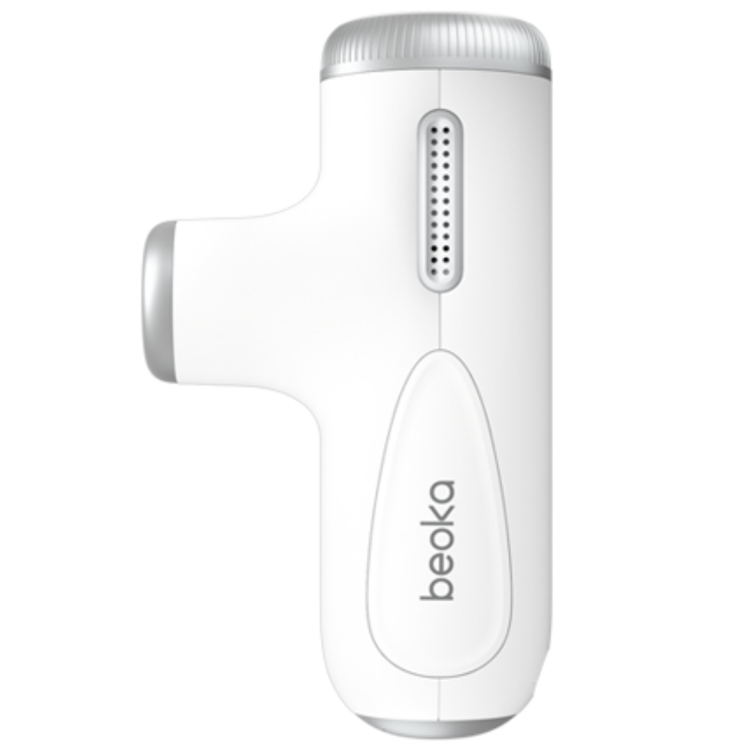 Beoka C1 Max Mini Massage Gun in white, portable deep tissue massager with adjustable amplitude for muscle recovery.
