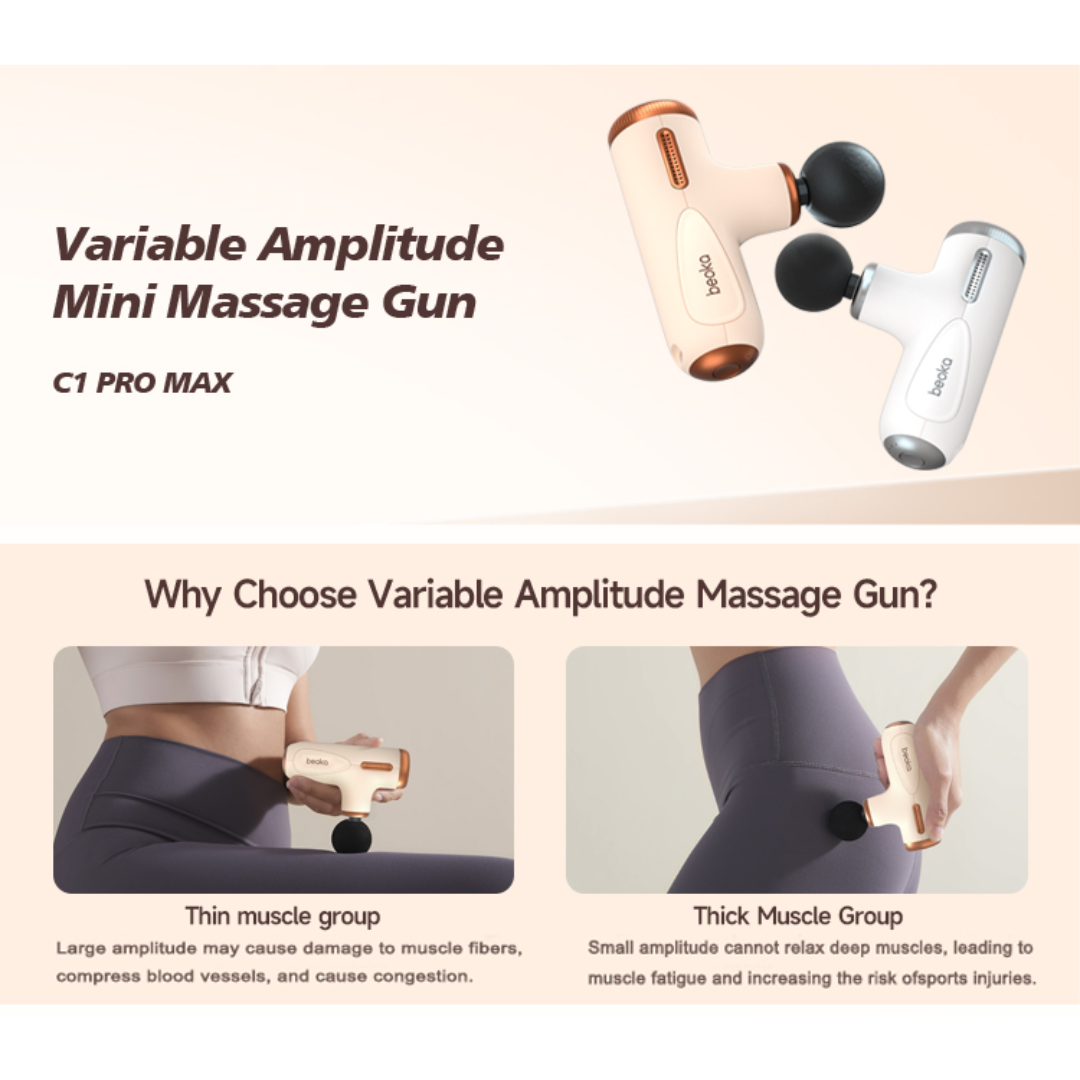 Beoka C1 Max Mini Massage Gun demonstrating variable amplitude settings for effective muscle massage on both thin and thick muscle groups, ideal for workout recovery.