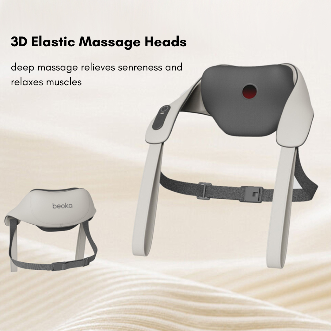 Beoka MS6 neck and shoulder massager with 3D elastic massage heads, adjustable straps, and deep muscle relaxation features

