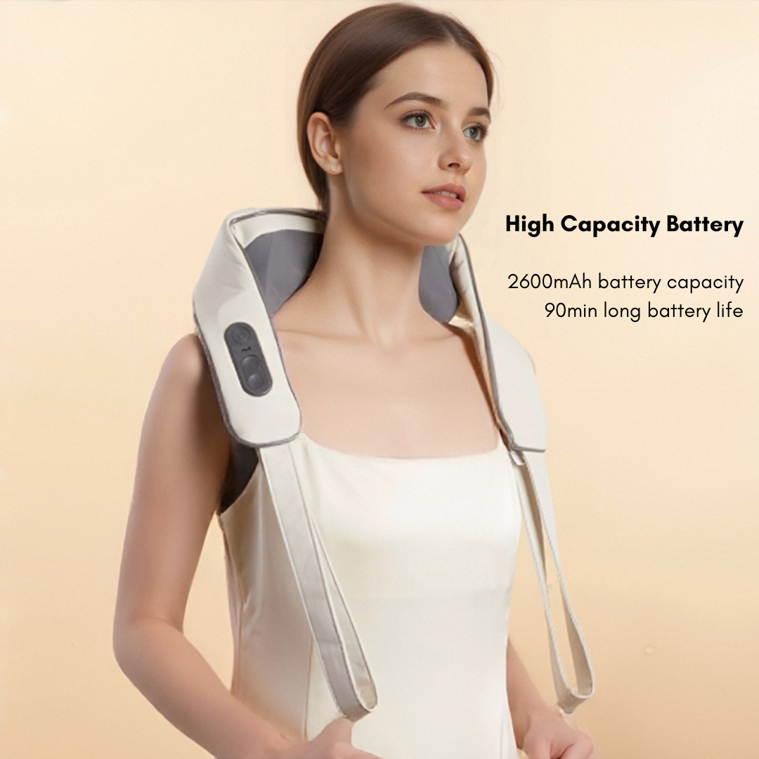 Person demonstrating Beoka MS6 cordless neck and shoulder massager with high capacity 2600mAh battery and adjustable straps
