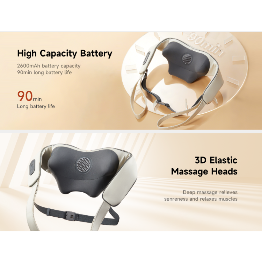 Beoka MS6 neck and shoulder massager featuring high capacity 2600mAh battery and 3D elastic massage heads for deep muscle relief
