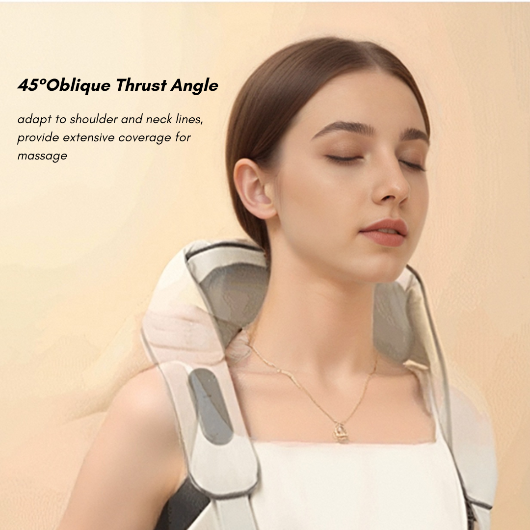 Beoka MS6 neck and shoulder massager demonstrating 45-degree oblique thrust angle for full shoulder and neck coverage
