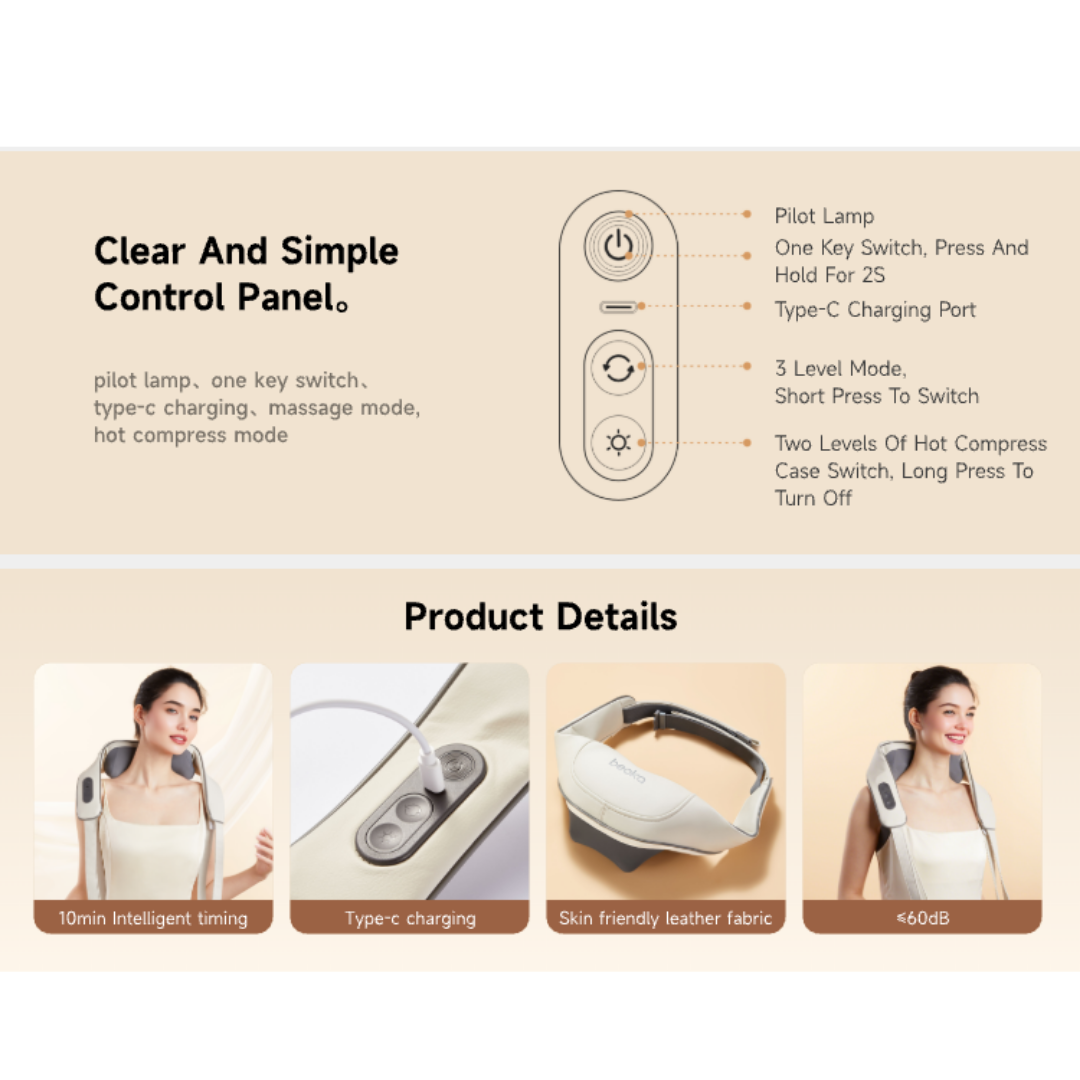 Beoka MS6 neck and shoulder massager with intuitive control panel, Type-C charging, hot compress, and skin-friendly leather fabric for effective shoulder and neck massage
