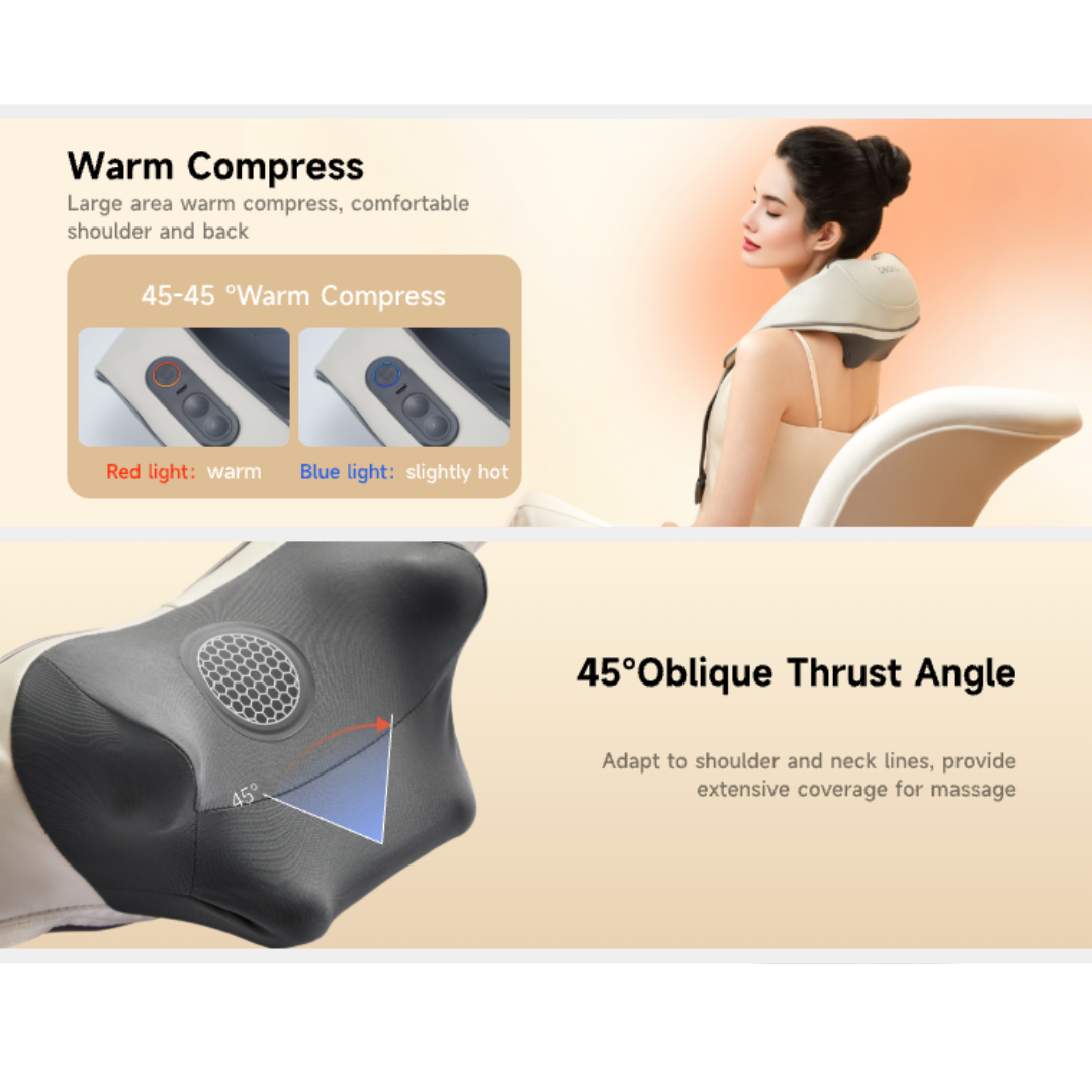 Beoka MS6 neck and shoulder massager with warm compress feature and 45-degree oblique thrust angle for full neck and shoulder coverage
