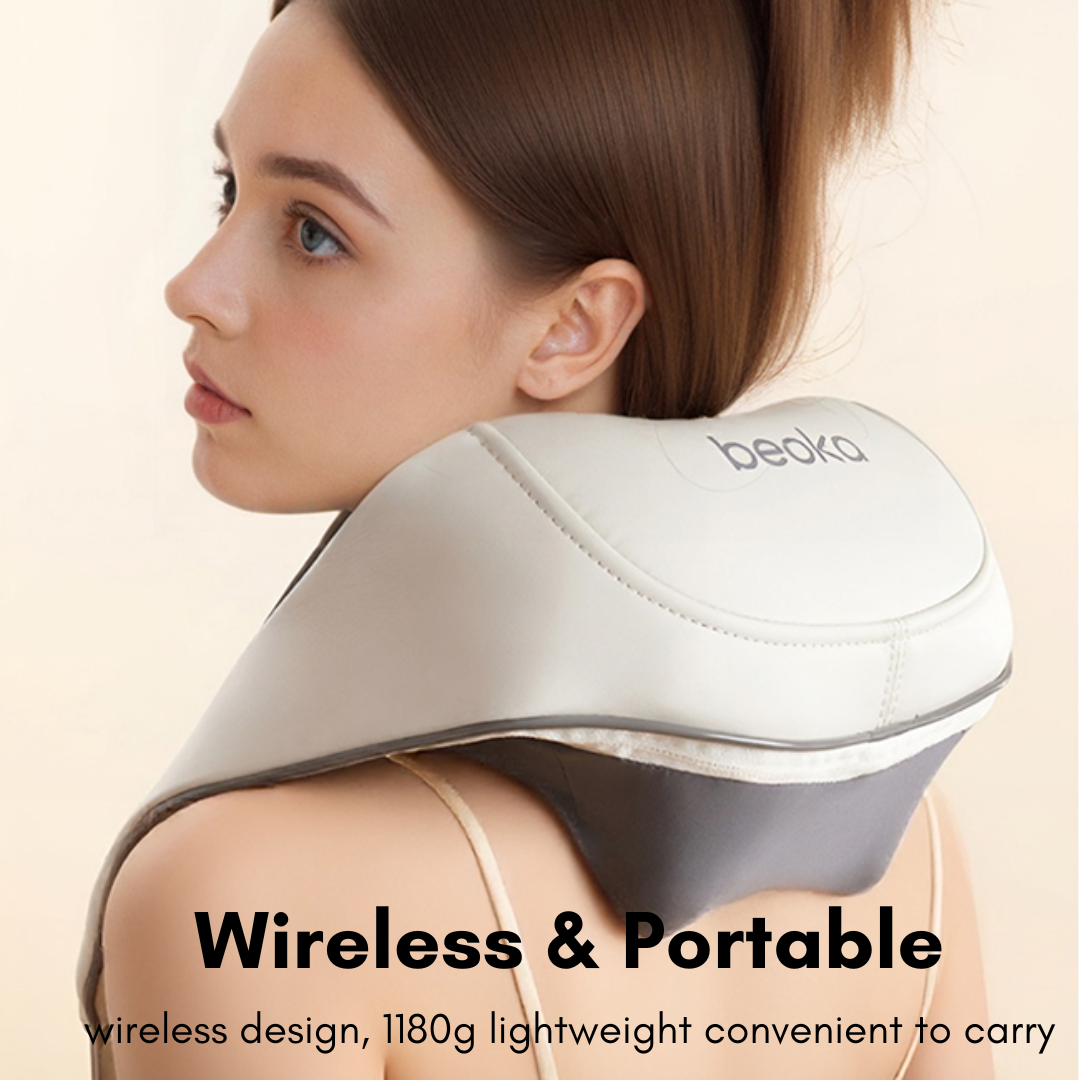Beoka MS6 portable wireless neck and shoulder massager resting on a person’s shoulders, highlighting its lightweight and travel-friendly design

