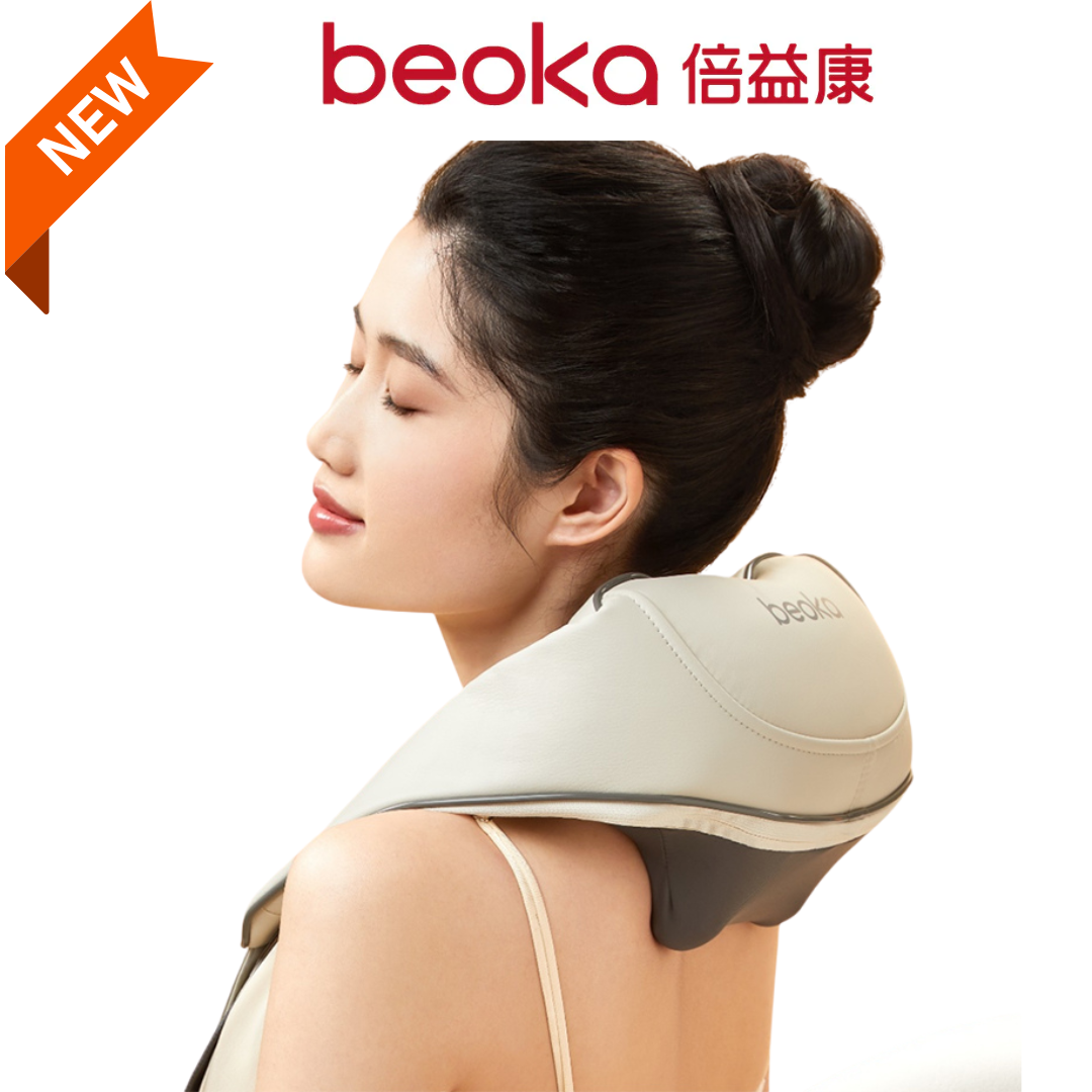 Woman using Beoka MS6 wireless neck and shoulder massager with adjustable straps for muscle relaxation