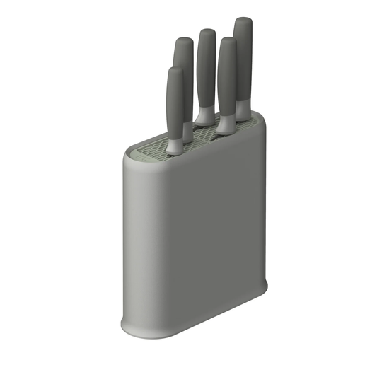 Modern grey BergHOFF 6-piece knife block with slim rectangular design and soft-touch dark grey handles on white background.