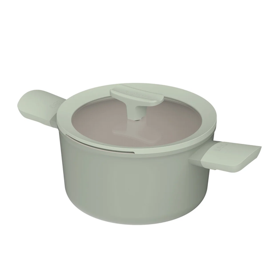 BergHOFF Balance 20cm sage green covered casserole pot with glass lid and stay-cool handles on white background