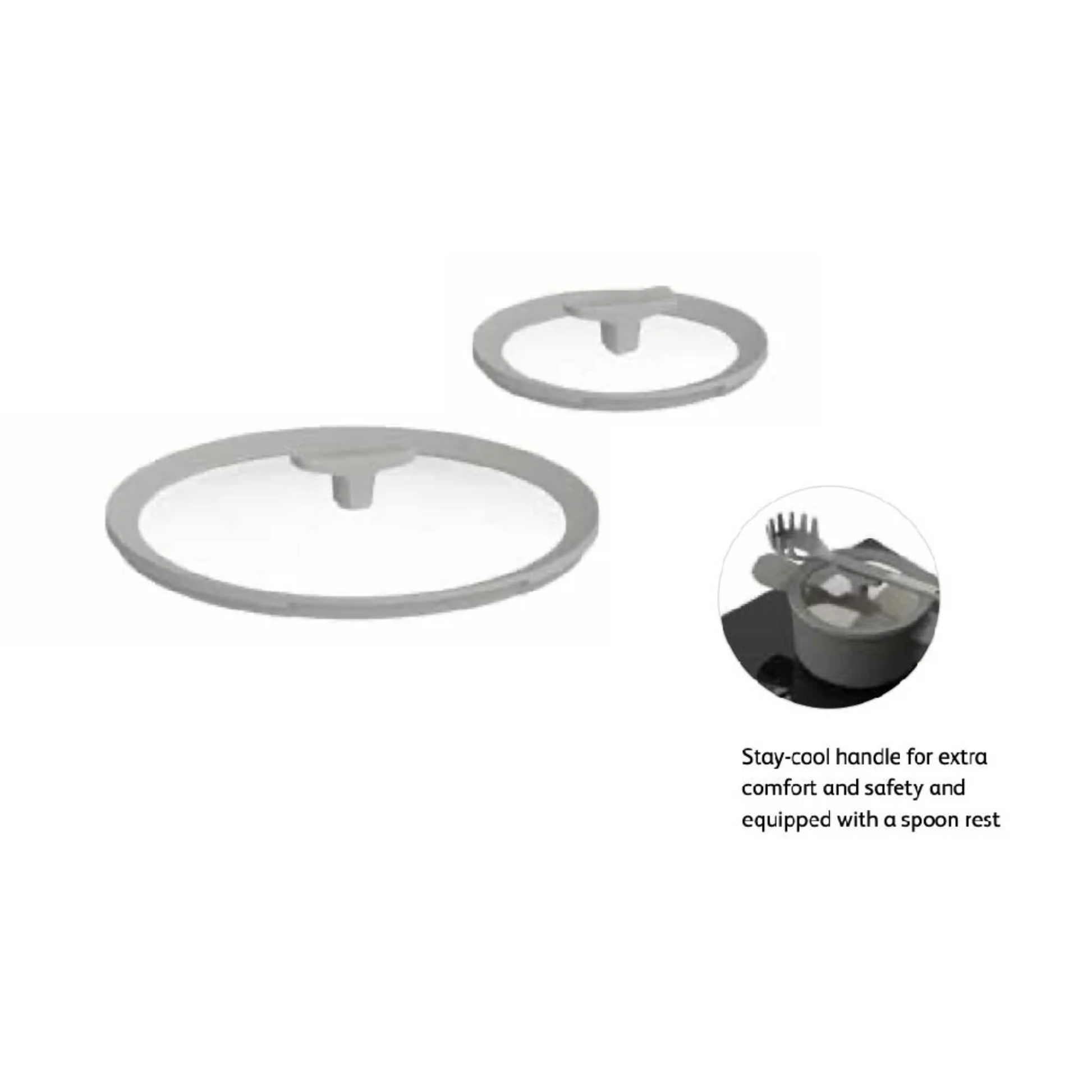 BERGHOFF Balance saucepan glass lids with stay-cool handle and integrated spoon rest, demonstrating comfort and smart design for modern kitchens