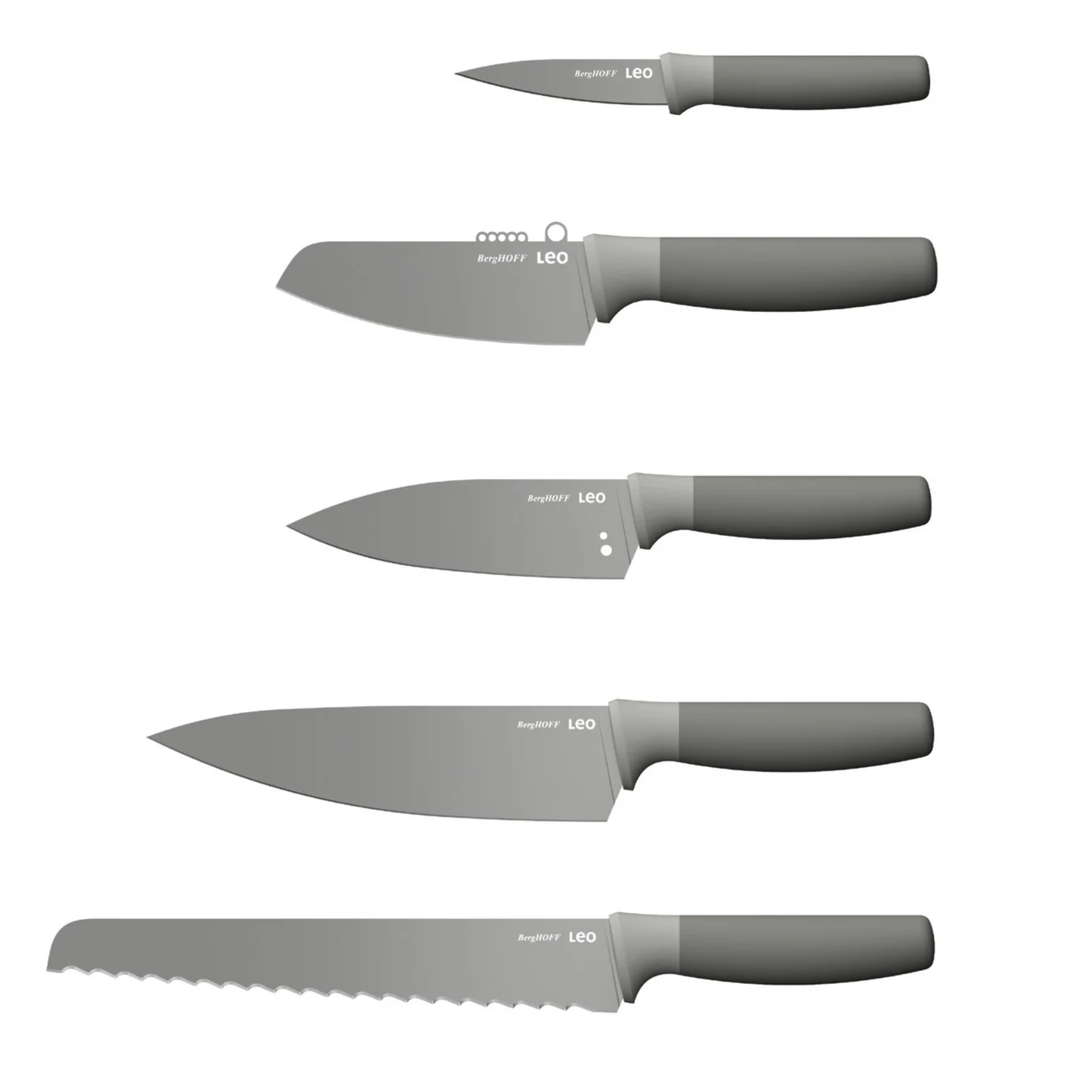Set of five BergHOFF Leo kitchen knives with grey soft-touch handles, including paring, vegetable, chef and bread knives, displayed on white background.