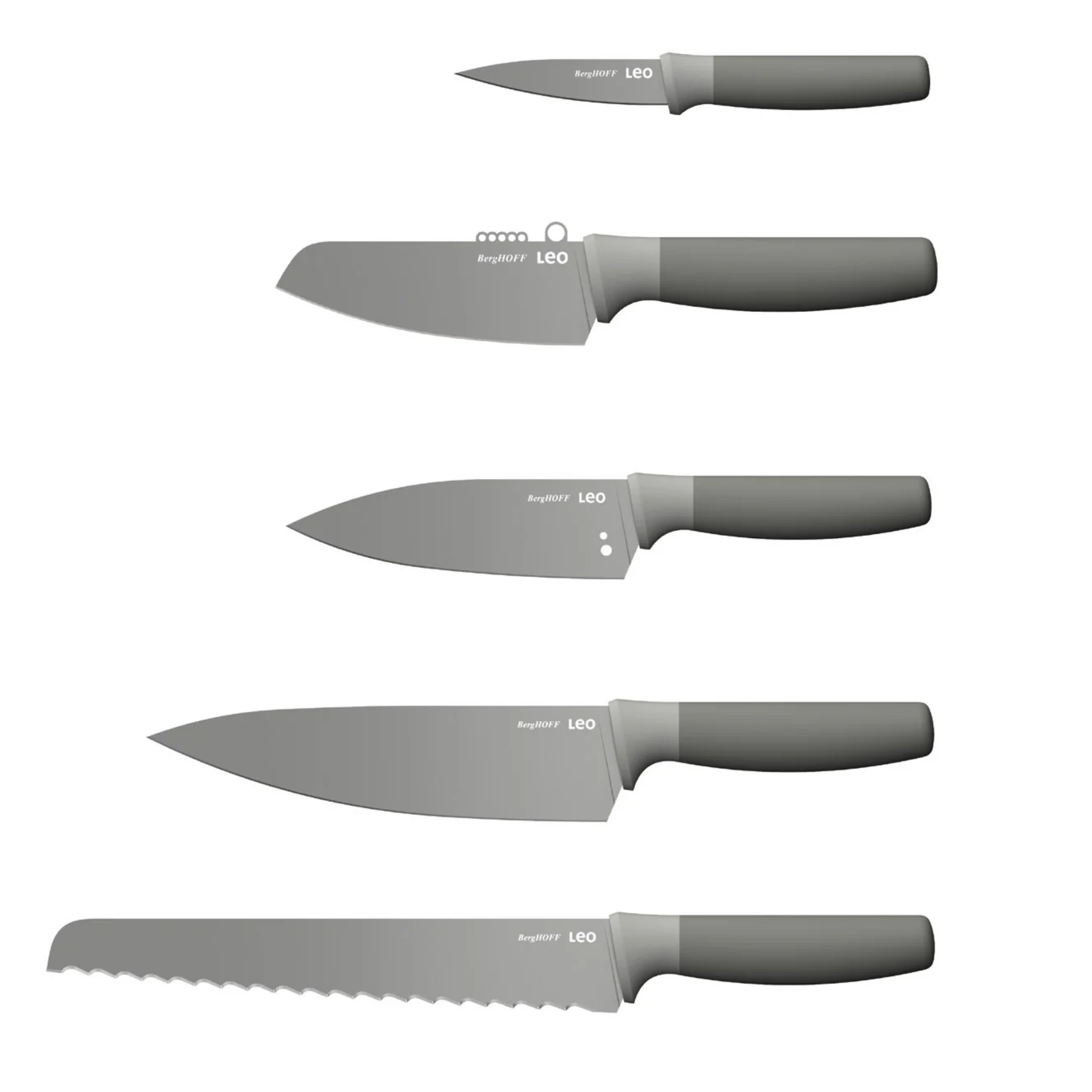 Set of five BergHOFF Leo kitchen knives with grey soft-touch handles, including paring, vegetable, chef and bread knives, displayed on white background.