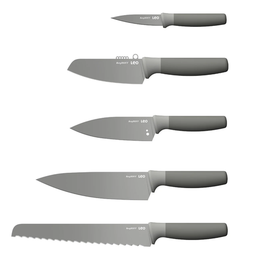 Set of five BergHOFF Leo kitchen knives with grey soft-touch handles, including paring, vegetable, chef and bread knives, displayed on white background.