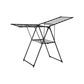 Black foldable wing clothes drying rack with center shelf, standing open to show full laundry drying capacity.